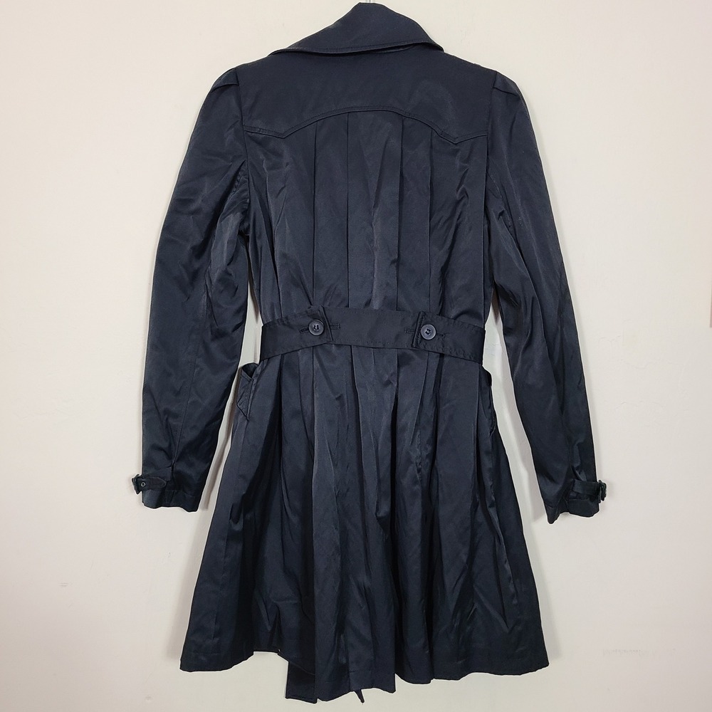 DKNY Black Trench Rain Coat S Lined Belted Pleated Casual Streetwear Fleur Noire - Picture 15 of 15